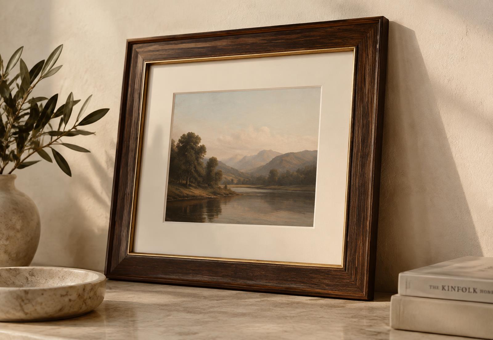 Dark walnut frame with a cream mat leaning against a warm wall
